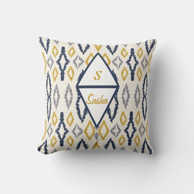 Moroccan Ikat Blue Yellow White Personalized  Throw Pillow (Front)