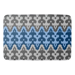 Moroccan Ikat Damask, Blue and Gray / Grey Bath Mat