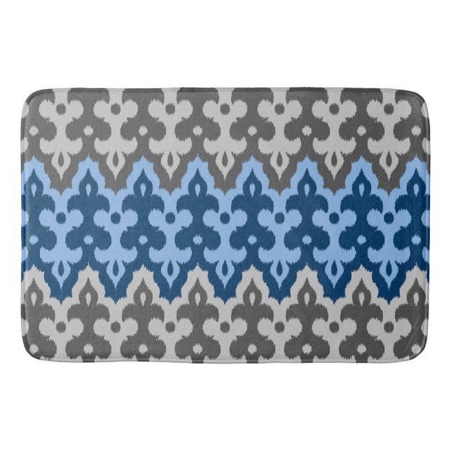 Moroccan Ikat Damask, Blue and Gray / Grey Bath Mat (Front)