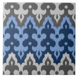 Moroccan Ikat Damask, Blue and Gray / Grey Ceramic Tile