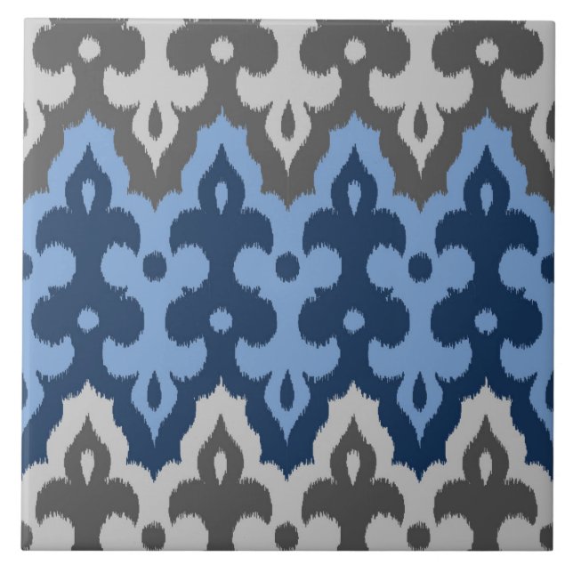 Moroccan Ikat Damask, Blue and Gray / Grey Ceramic Tile (Front)