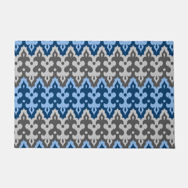 Moroccan Ikat Damask, Blue and Gray / Grey Doormat (Front)