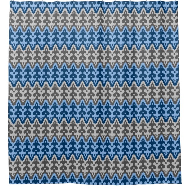 Moroccan Ikat Damask, Blue and Gray / Grey Shower Curtain (Front)
