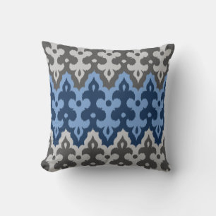 Moroccan Ikat Damask, Blue and Gray / Grey Throw Pillow
