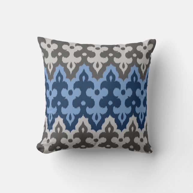 Moroccan Ikat Damask, Blue and Gray / Grey Throw Pillow (Front)