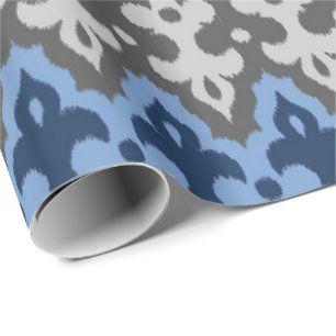 Moroccan Ikat Damask, Blue and Gray / Grey Wrapping Paper