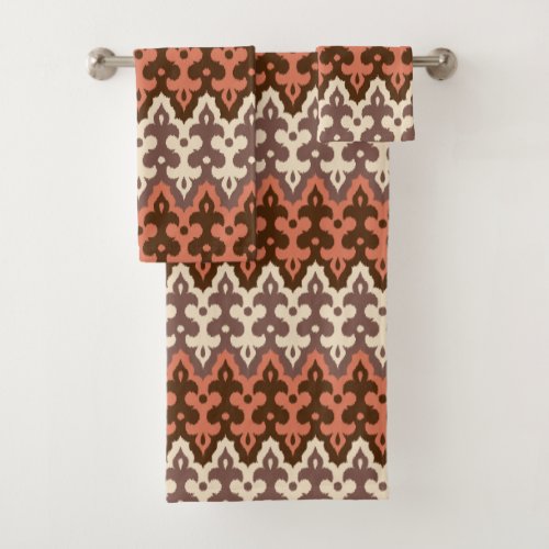 Moroccan Ikat Damask Brown Cream Taupe  Rust Bath Towel Set