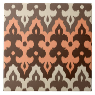 Moroccan Ikat Damask, Brown, Taupe & Coral Ceramic Tile