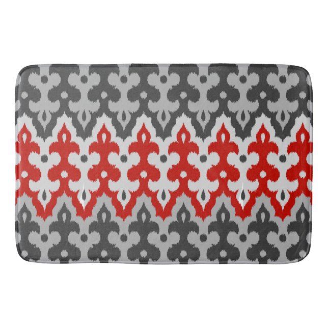 Moroccan Ikat Damask, Graphite Gray and Red Bath Mat (Front)