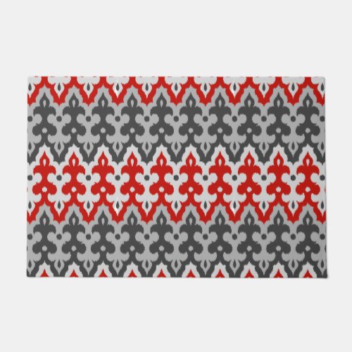 Moroccan Ikat Damask Graphite Gray and Red Doormat