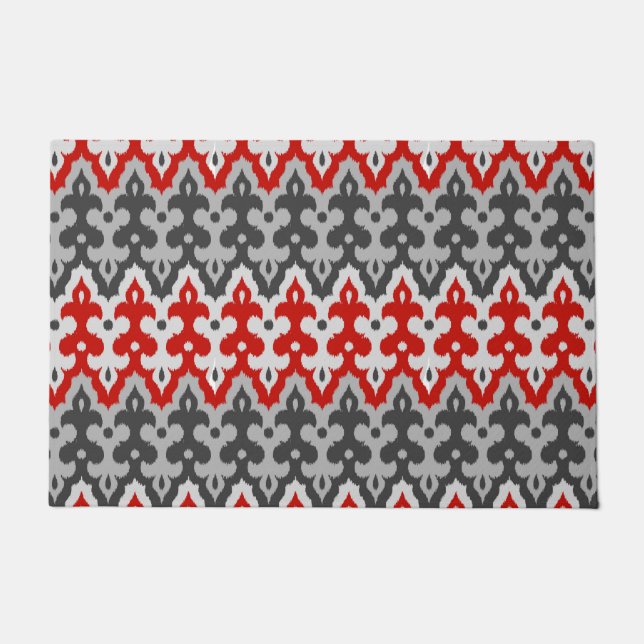 Moroccan Ikat Damask, Graphite Gray and Red Doormat (Front)