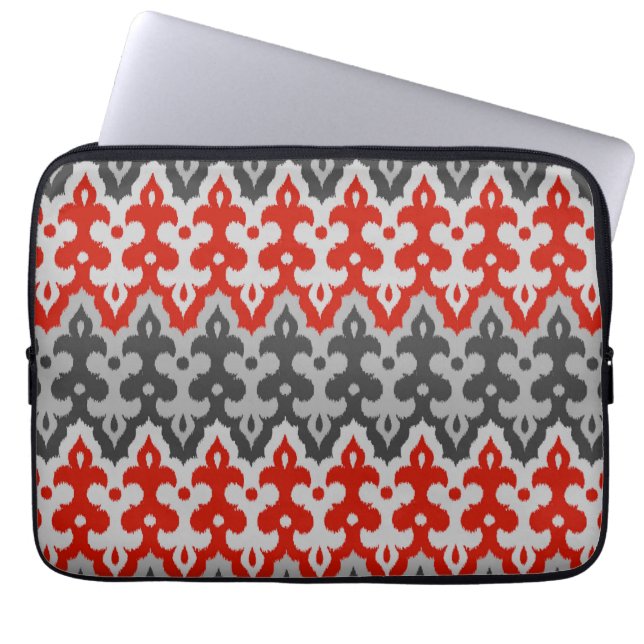 Moroccan Ikat Damask, Graphite Gray and Red Laptop Sleeve (Front)