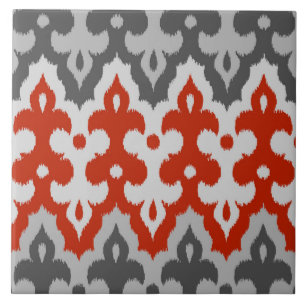 Moroccan Ikat Damask, Graphite Gray and Red Tile