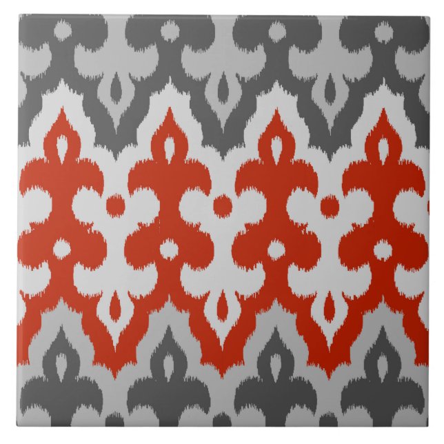 Moroccan Ikat Damask, Graphite Gray and Red Tile (Front)