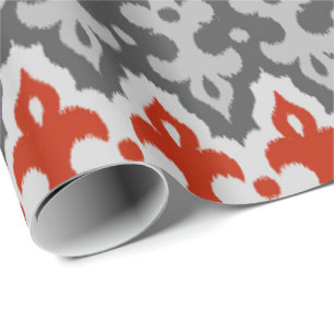 Moroccan Ikat Damask, Graphite Gray and Red Wrapping Paper
