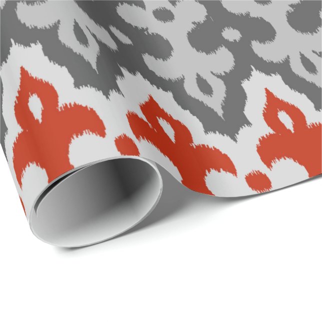 Moroccan Ikat Damask, Graphite Gray and Red Wrapping Paper (Roll Corner)