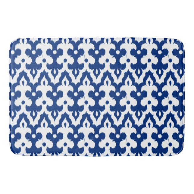 Moroccan Ikat Damask Pattern, Cobalt Blue & White Bath Mat (Front)