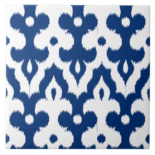Moroccan Ikat Damask Pattern Cobalt Blue  White Ceramic Tile