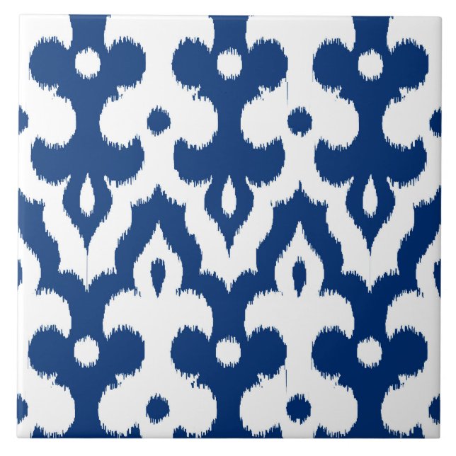 Moroccan Ikat Damask Pattern, Cobalt Blue & White Ceramic Tile (Front)