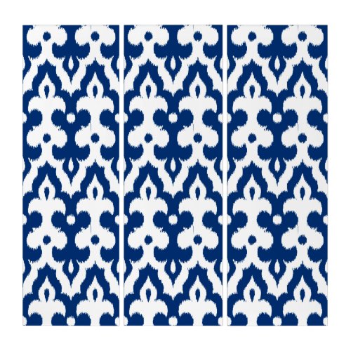 Moroccan Ikat Damask Pattern Cobalt Blue  White Triptych