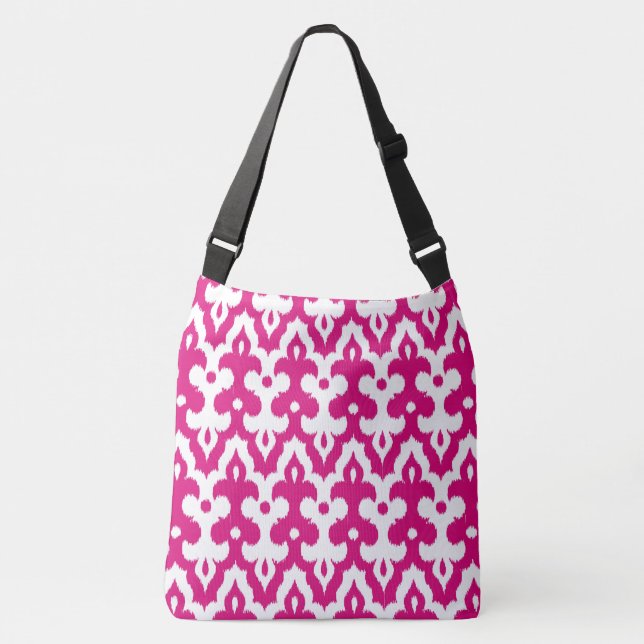 Moroccan Ikat Damask Pattern, Fuchsia Pink & White Crossbody Bag (Front)