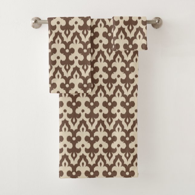 Moroccan Ikat Damask Pattern, Taupe and Beige Bath Towel Set (Insitu)