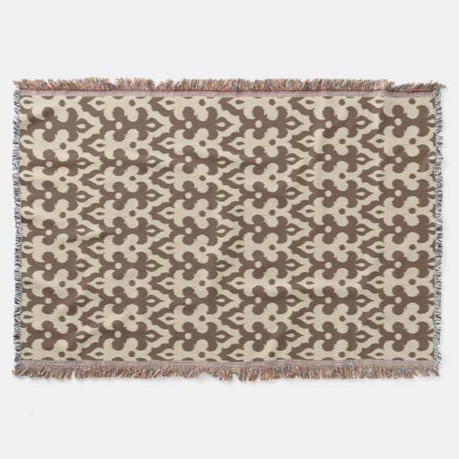 Moroccan Ikat Damask Pattern, Taupe and Beige Throw Blanket (Front)
