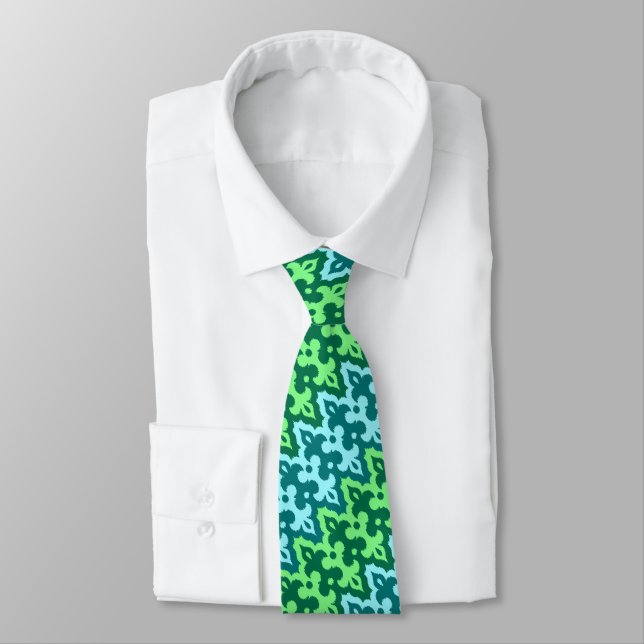 Moroccan Ikat Damask, Turquoise & Jade Green Neck Tie (Tied)