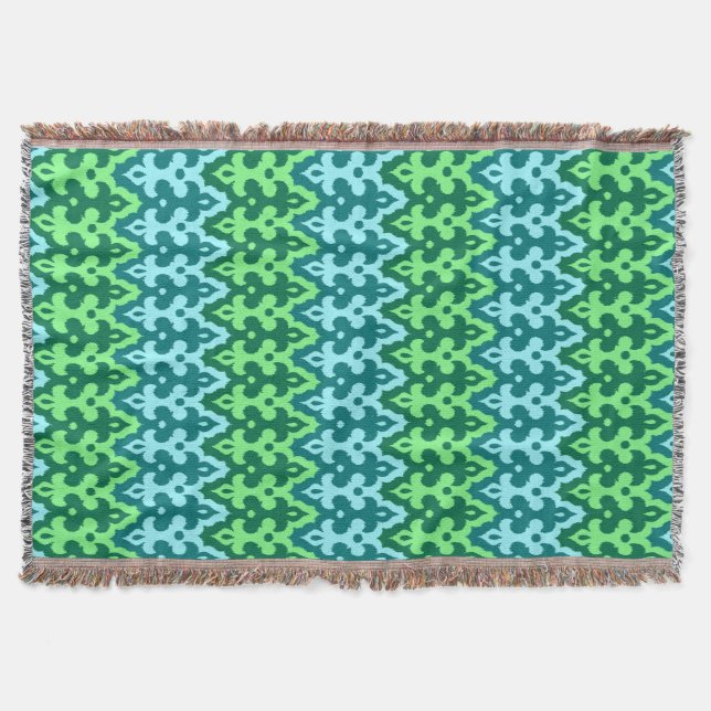 Moroccan Ikat Damask, Turquoise & Jade Green Throw Blanket (Front)