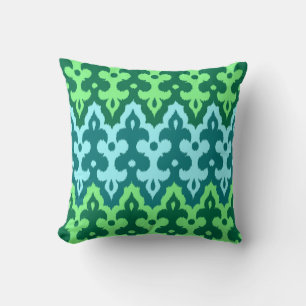 Moroccan Ikat Damask, Turquoise & Jade Green Throw Pillow