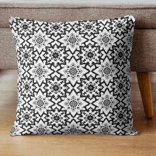 Moroccan-Inspired Black & White Geometric Floral Throw Pillow
