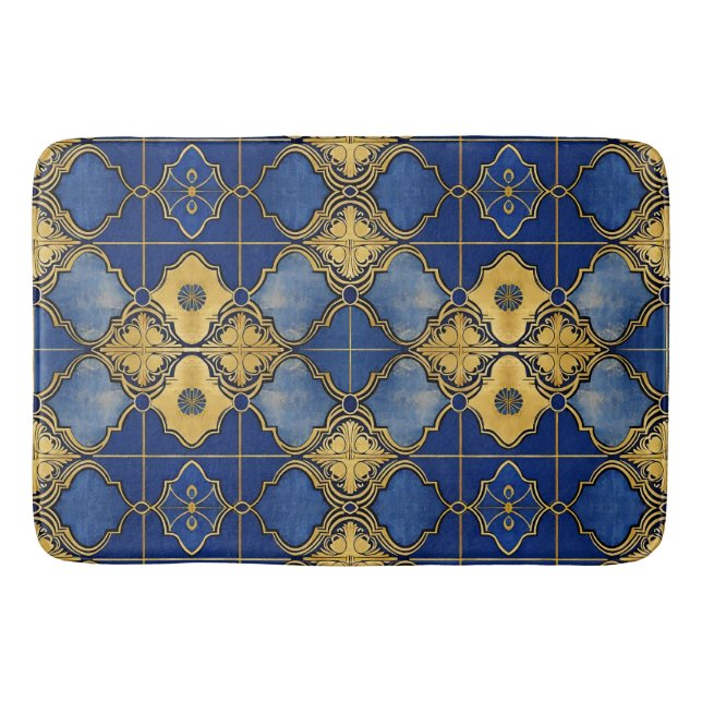 Moroccan Inspired Pattern Quatrefoils Blue Gold Bath Mat (Front)
