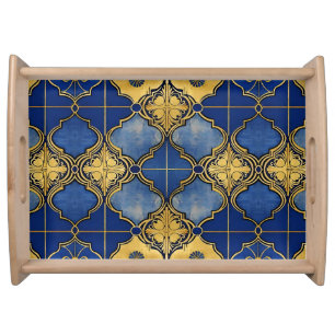 Moroccan Inspired Quatrefoil Pattern Gold on Blue Serving Tray