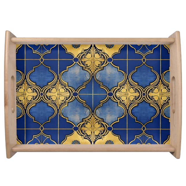 Moroccan Inspired Quatrefoil Pattern Gold on Blue Serving Tray (Front)