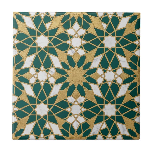 Moroccan Islamic Teal Gold Geometric Seamless Patt Ceramic Tile (Front)