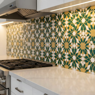Moroccan Islamic Teal Gold Geometric Seamless Patt Ceramic Tile
