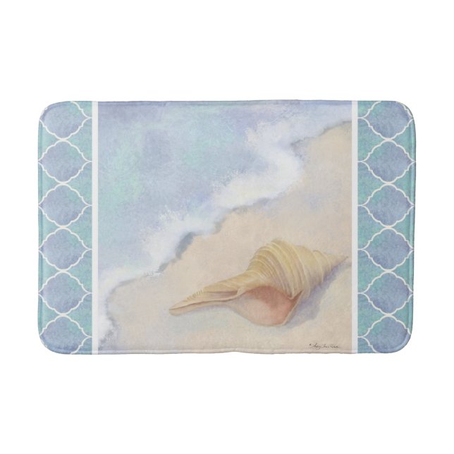 Moroccan Lantern Tile Beach Ocean Seashell Blue Bathroom Mat (Front)
