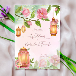 Moroccan lanterns pink flowers Islamic wedding Invitation