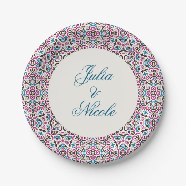  Moroccan Lattice Geometric Mandala Wedding Paper Plates (Front)