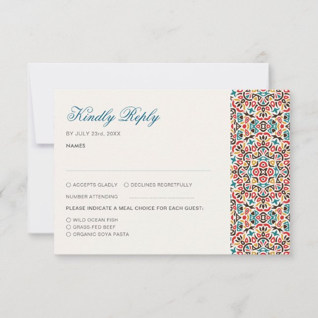 Moroccan Lattice Geometric Mandala Wedding RSVP Card (Front)