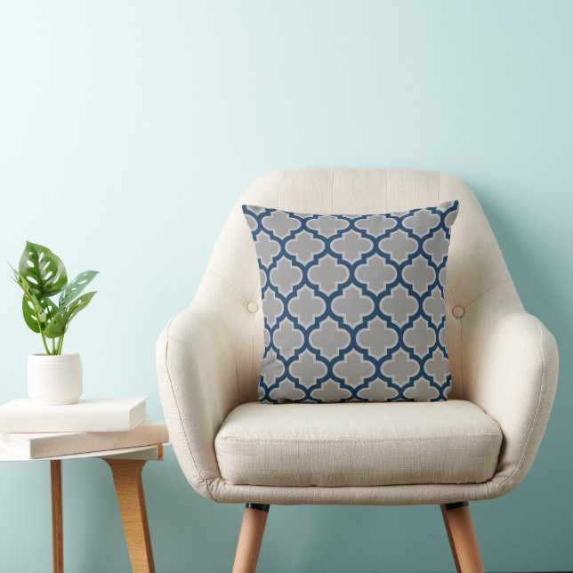 Moroccan Lattice Gray and Navy Blue Pattern Throw Pillow (Chair)
