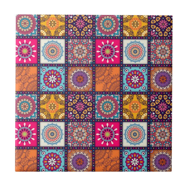Moroccan mandala colorful ethnic pattern ceramic tile (Front)