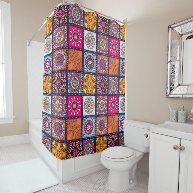 Moroccan mandala colorful ethnic pattern shower curtain (In Situ)