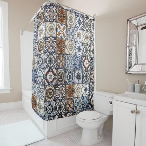 Moroccan Marrakesh Tile Pattern Blue Brown Shower Curtain