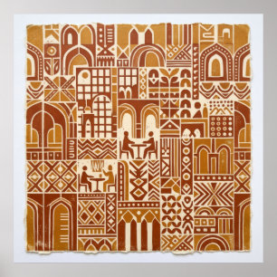 Moroccan Medina Terracotta Geometric Woodblock Pat Poster