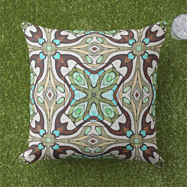 Moroccan Mediterranean Boho Tile Art Pattern Outdoor Pillow (Grass)
