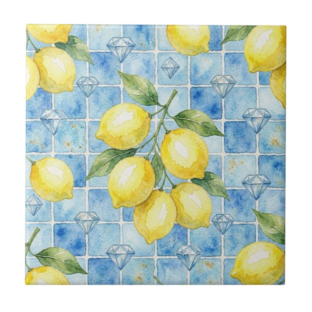 Moroccan Mediterranean Lemons and Diamonds Ceramic Tile (Front)