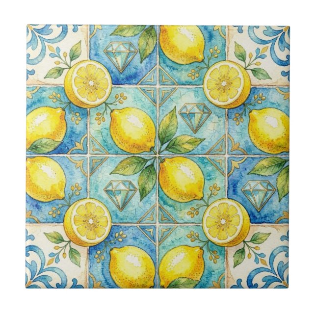 Moroccan Mediterranean Lemons and Diamonds Ceramic Tile (Front)