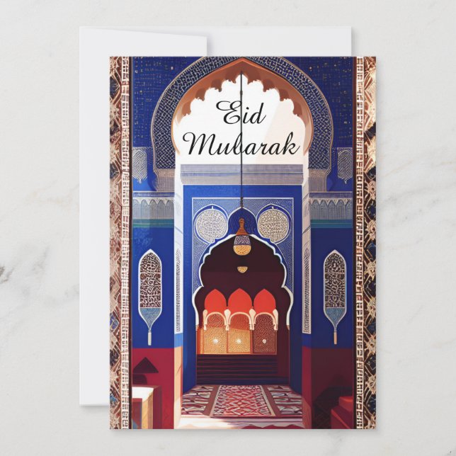 Moroccan mosaic blue azure red mosque Eid Mubarak Invitation (Front)