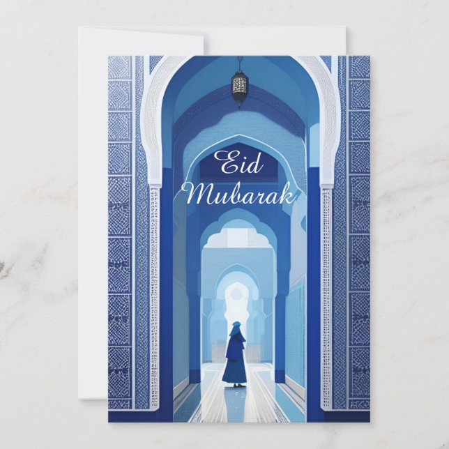 Moroccan mosaic blue mosque Eid Mubarak peace Invitation (Front)